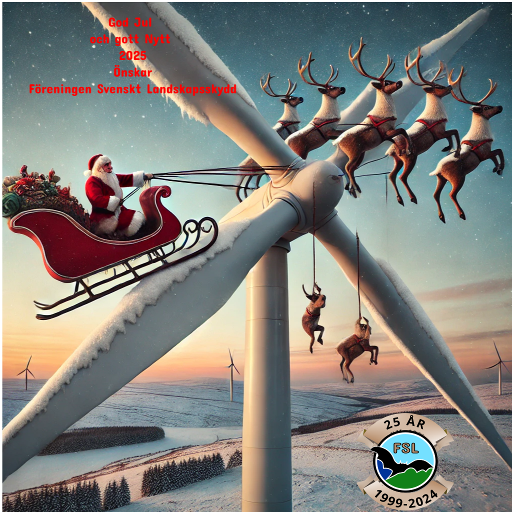 Santa claus stuck with his sleigh in a wind turbine